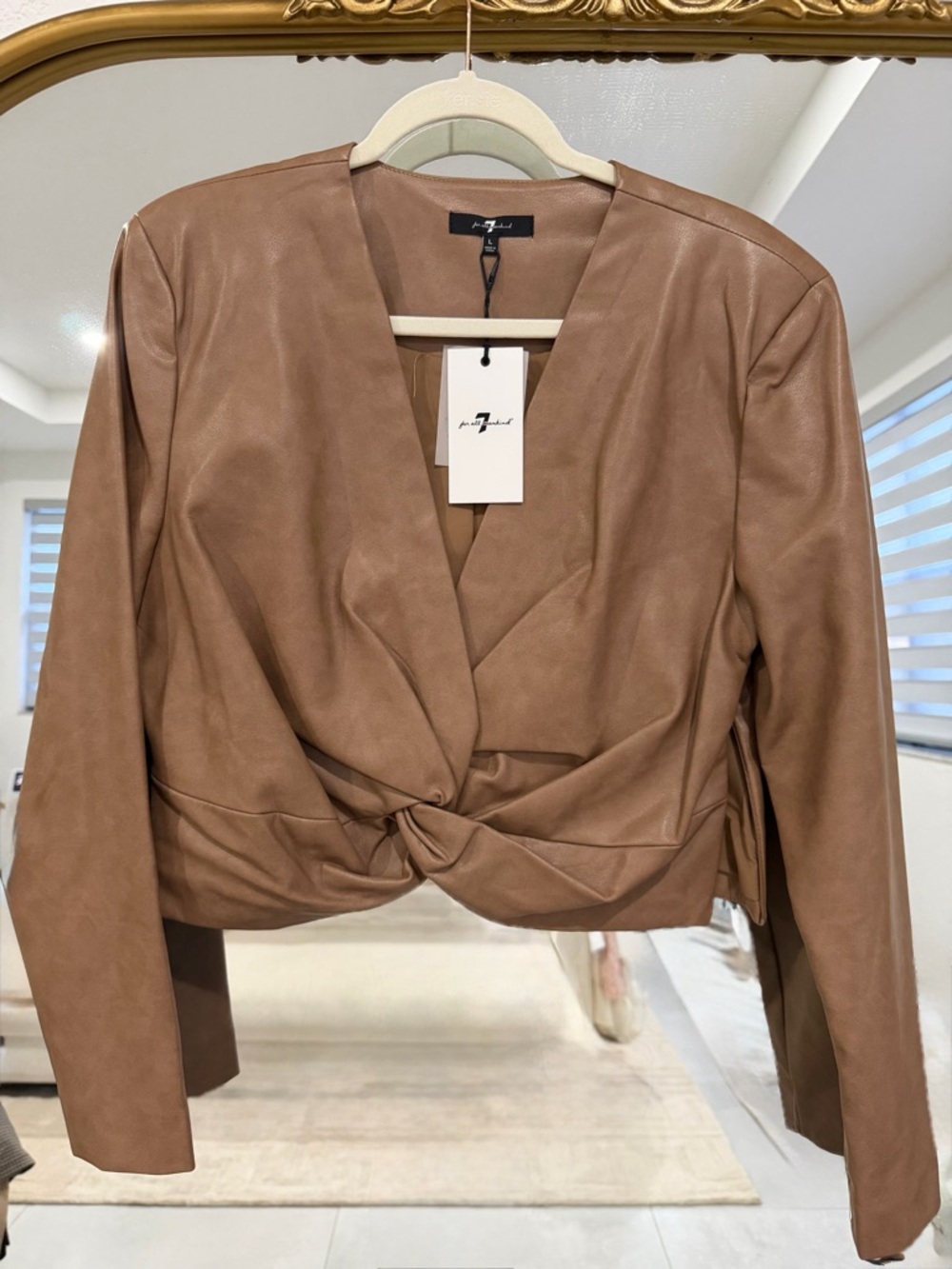 7 For All Man Kind Women’s Tan Faux Leather Twist-Front Top side zip Size L